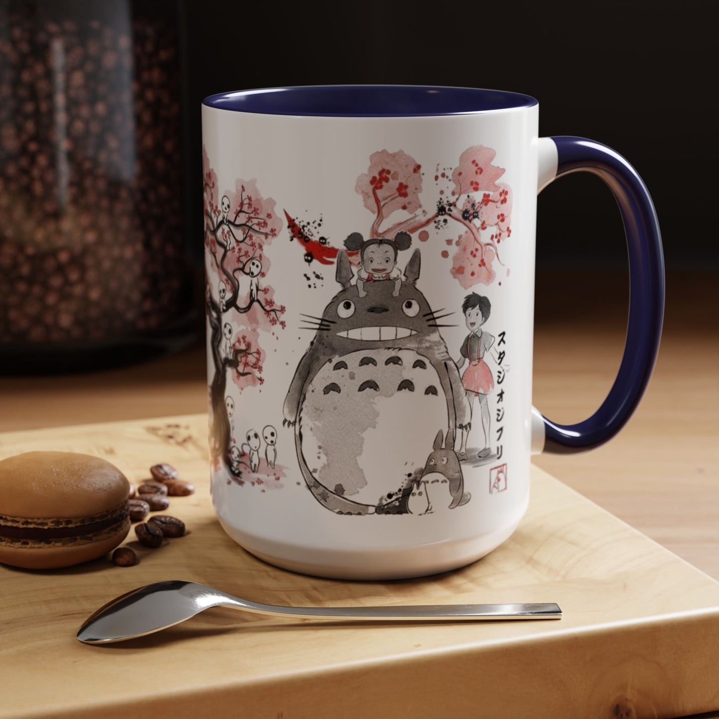 Totoro Sakura Forest Accent Mug – Color Handle Anime Cup 11oz & 15oz – Studio Ghibli Aesthetic Gift