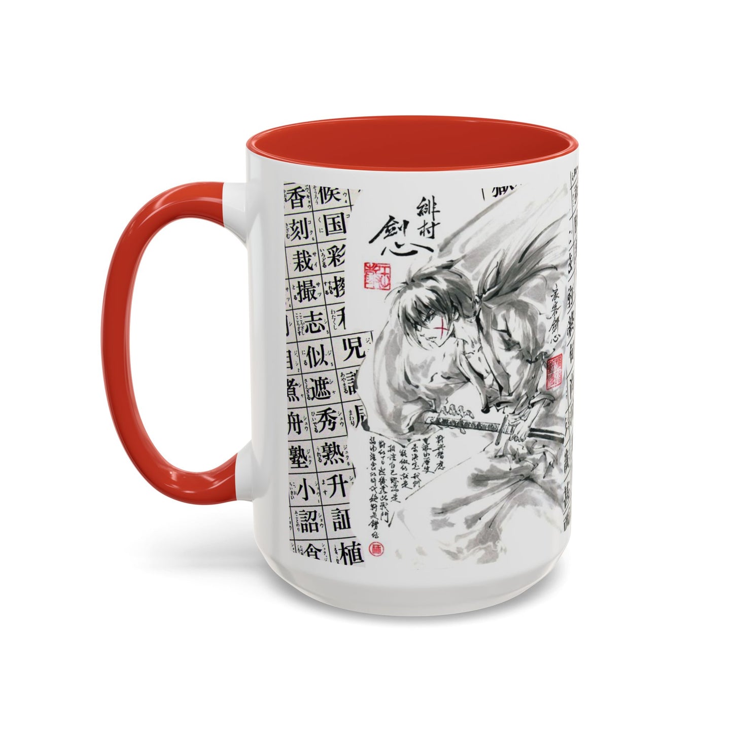 Rurouni Kenshin Kanji Accent Mug – Samurai Anime Color Handle Cup 11oz & 15oz – Japanese Sword Art Gift