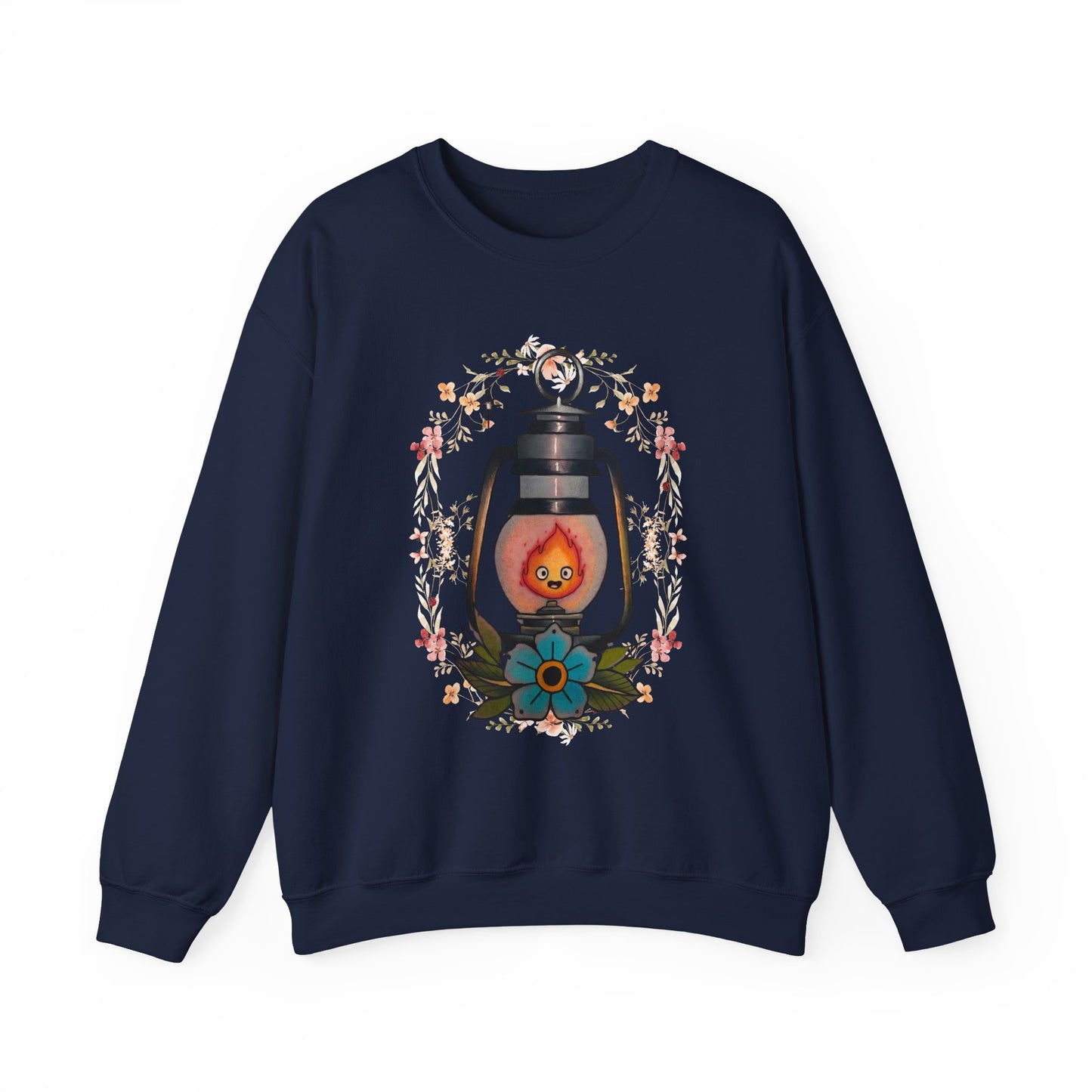 Calcifer Lamp Flowers Sweatshirt – Cozy 100% Cotton Howl’s Moving Castle Anime Pullover