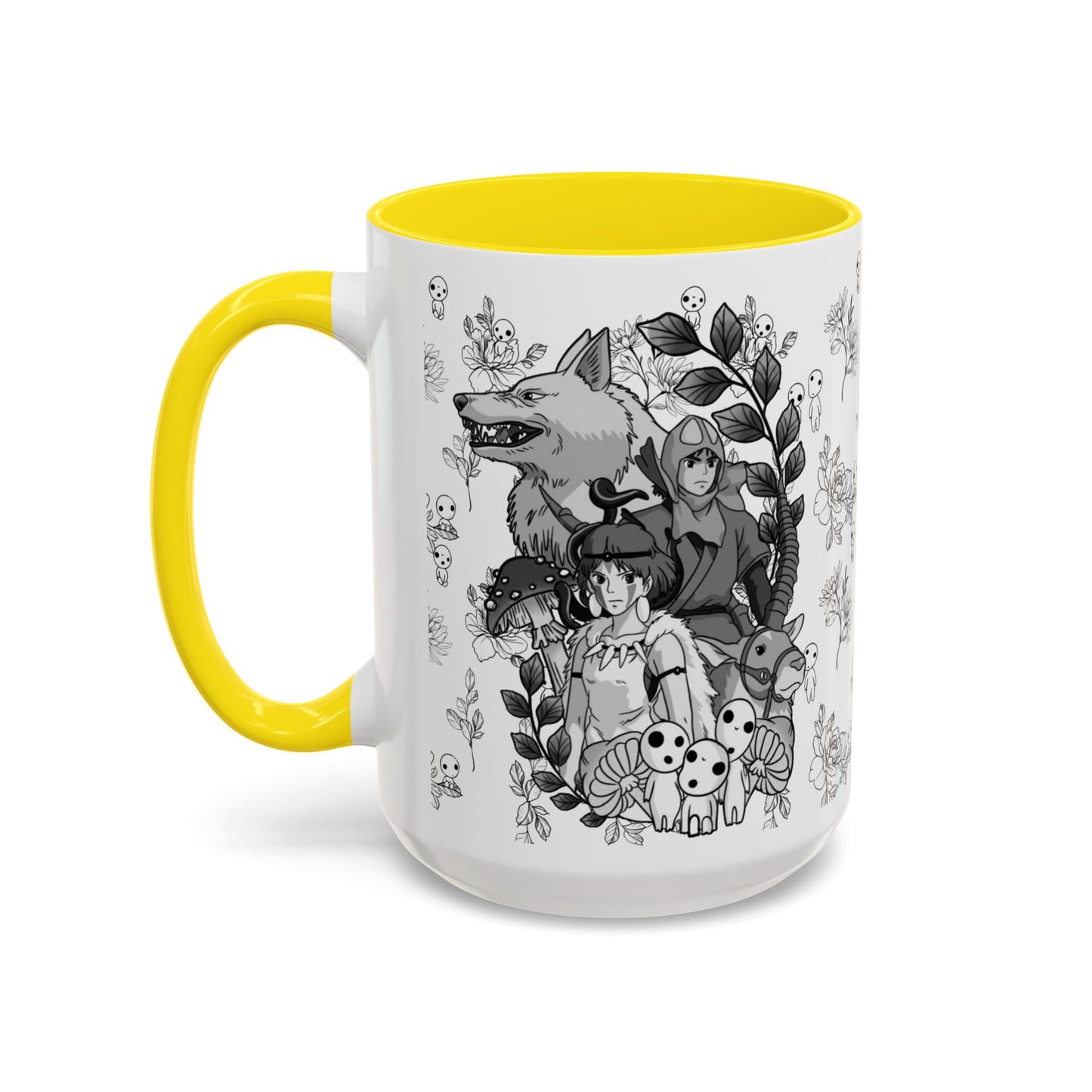 Princess Mononoke Black and White Accent Mug – Studio Ghibli Coffee Cup with Colored Handle – 11oz & 15oz Ceramic Anime Gift