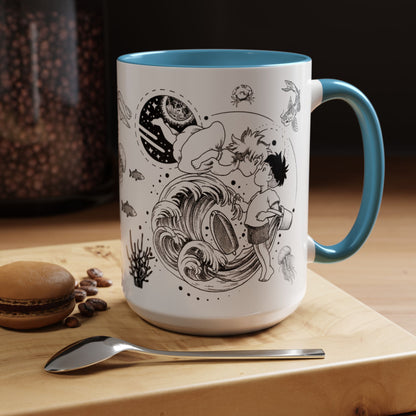 Ponyo World Sea Accent Mug – Studio Ghibli Color Handle Cup 11oz & 15oz – Ocean Anime Coffee Gift