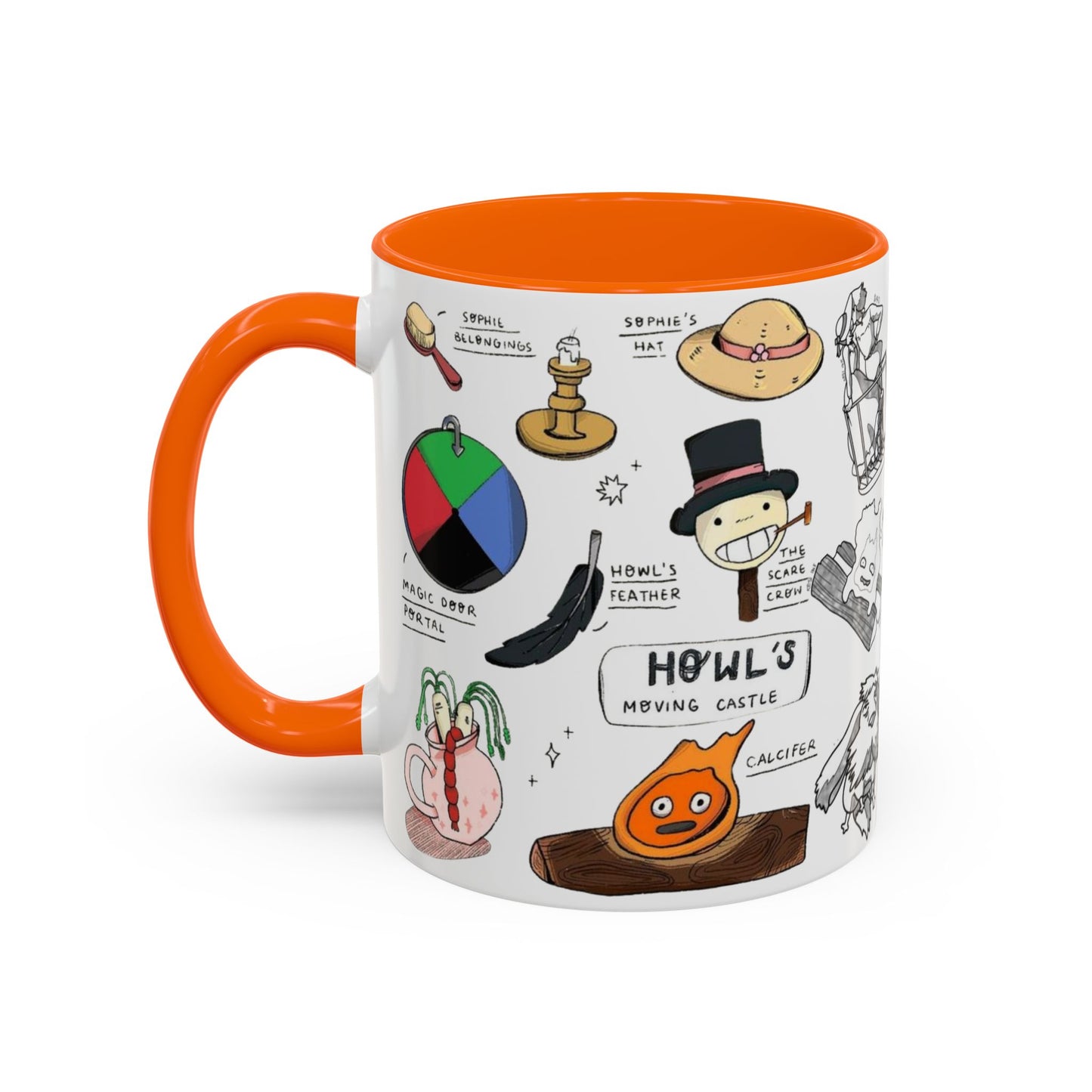 Howl’s Moving Castle Accent Mug – Ghibli Collage Color Handle Cup 11oz & 15oz – Anime Coffee Mug Featuring Howl & Calcifer