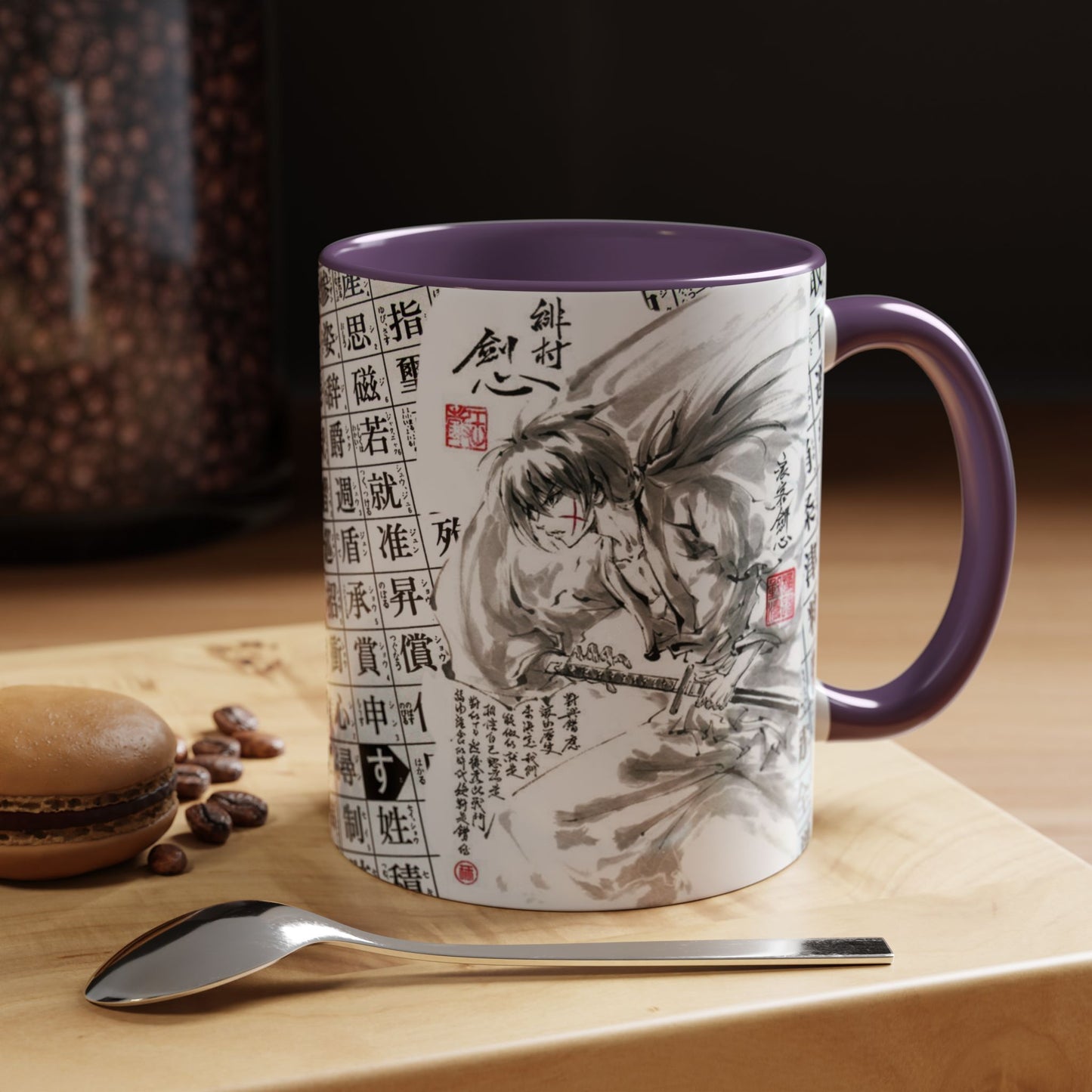 Rurouni Kenshin Kanji Accent Mug – Samurai Anime Color Handle Cup 11oz & 15oz – Japanese Sword Art Gift