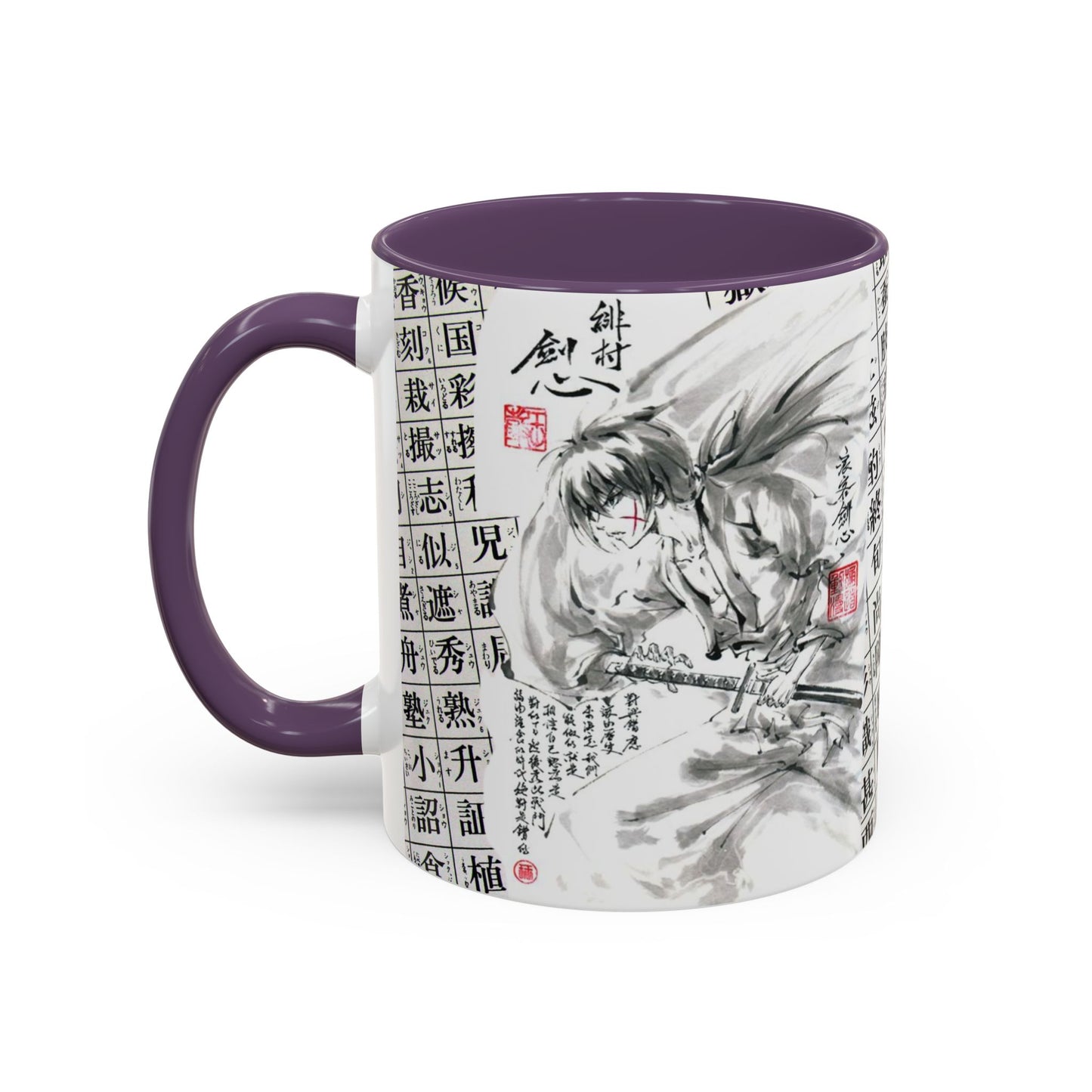 Rurouni Kenshin Kanji Accent Mug – Samurai Anime Color Handle Cup 11oz & 15oz – Japanese Sword Art Gift