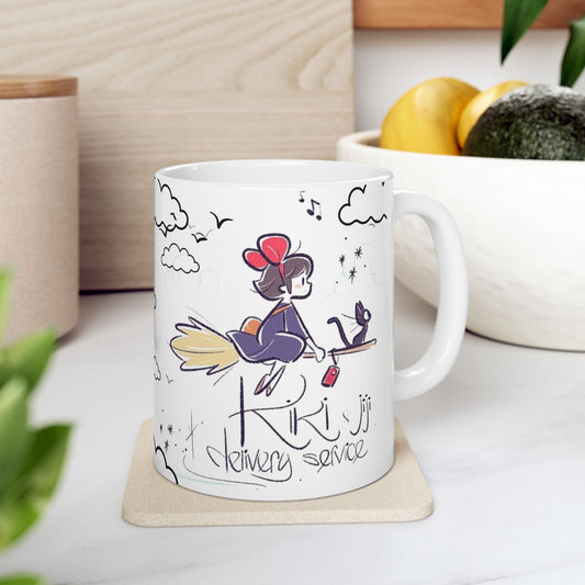 Kiki's Delivery Service Sketch Mug – Studio Ghibli Anime Cup – 11oz & 15oz Ceramic Coffee Mug Gift