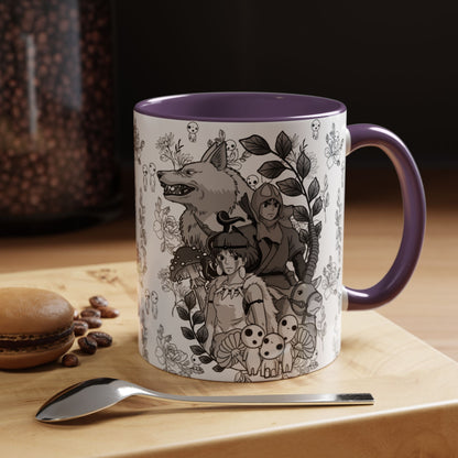 Princess Mononoke Black and White Accent Mug – Studio Ghibli Coffee Cup with Colored Handle – 11oz & 15oz Ceramic Anime Gift