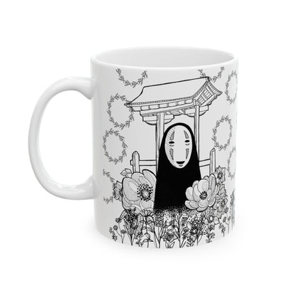 No Face Flowers Mug – Studio Ghibli Inspired Ceramic Cup – 11oz & 15oz Anime Coffee Mug Gift