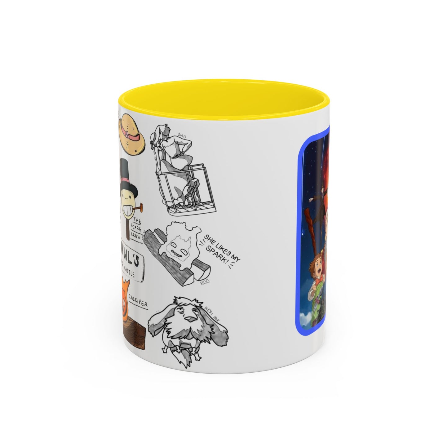 Howl’s Moving Castle Accent Mug – Ghibli Collage Color Handle Cup 11oz & 15oz – Anime Coffee Mug Featuring Howl & Calcifer