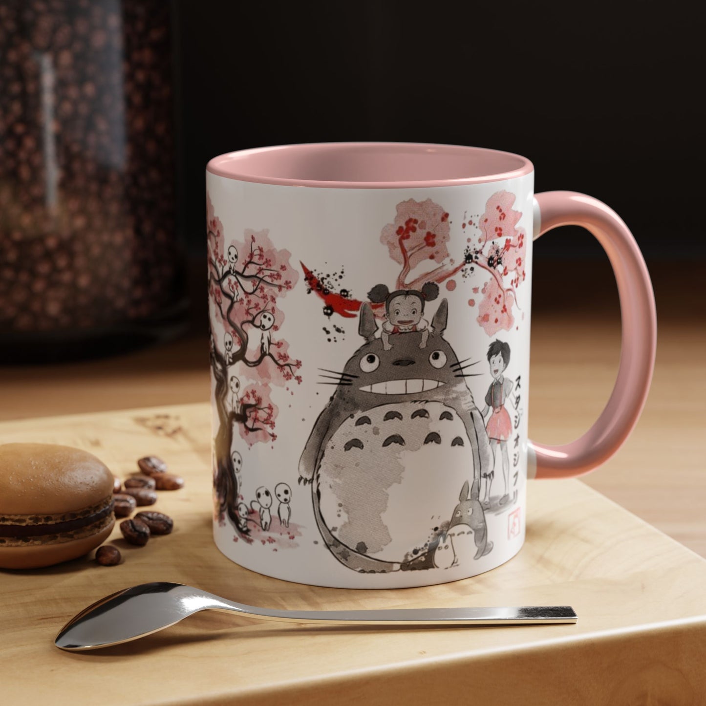 Totoro Sakura Forest Accent Mug – Color Handle Anime Cup 11oz & 15oz – Studio Ghibli Aesthetic Gift