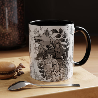 Princess Mononoke Black and White Accent Mug – Studio Ghibli Coffee Cup with Colored Handle – 11oz & 15oz Ceramic Anime Gift