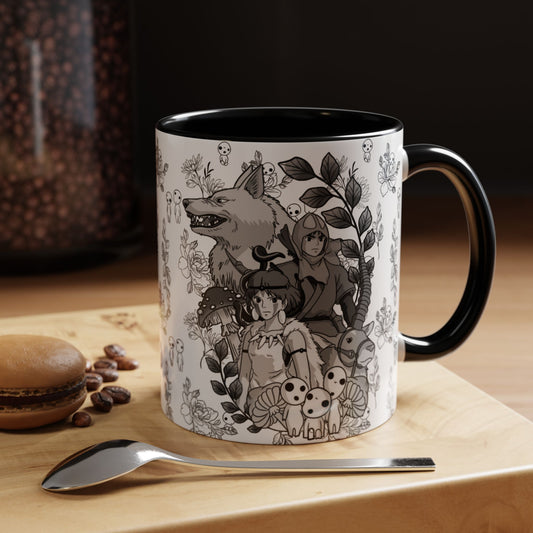 Princess Mononoke Black and White Accent Mug – Studio Ghibli Coffee Cup with Colored Handle – 11oz & 15oz Ceramic Anime Gift