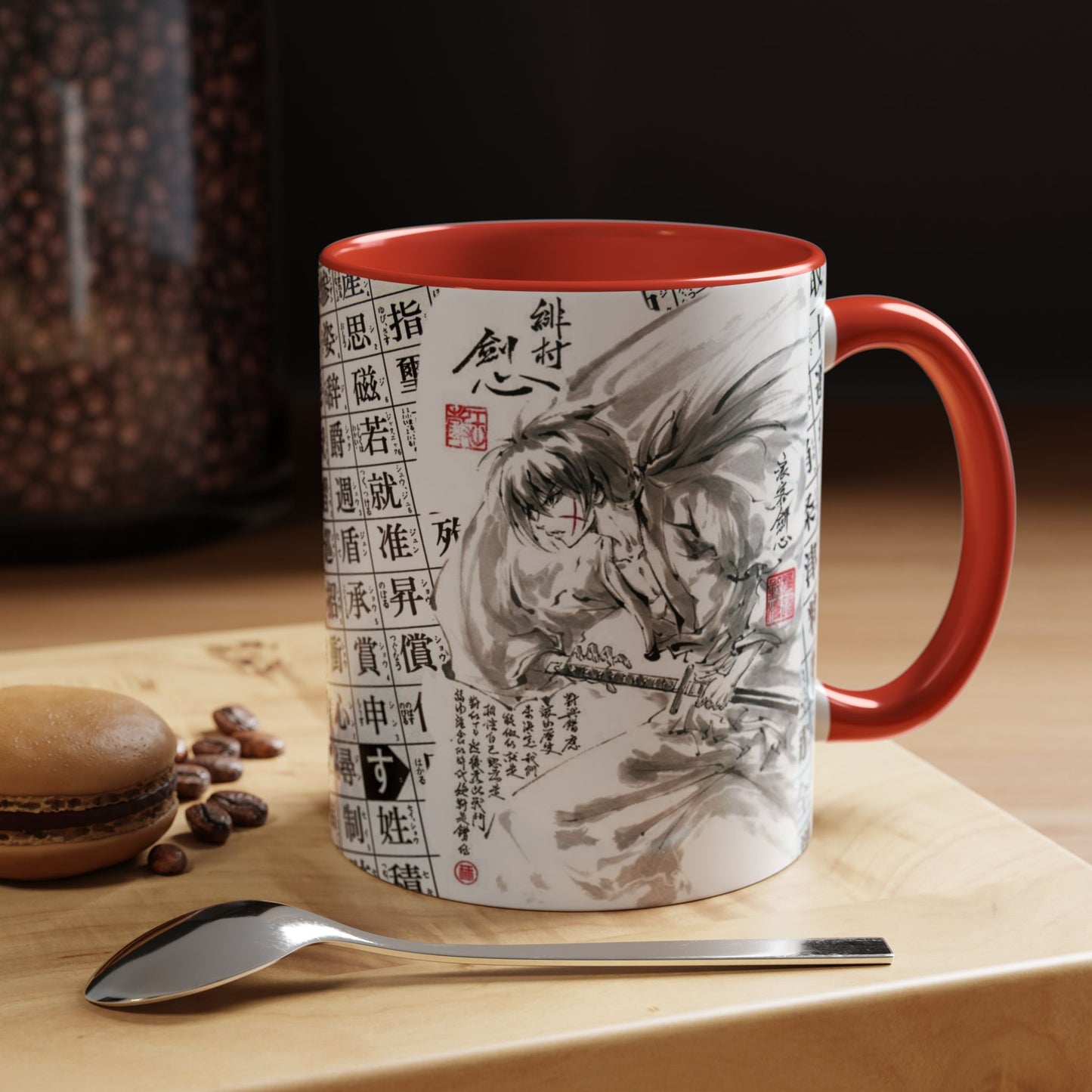 Rurouni Kenshin Kanji Accent Mug – Samurai Anime Color Handle Cup 11oz & 15oz – Japanese Sword Art Gift
