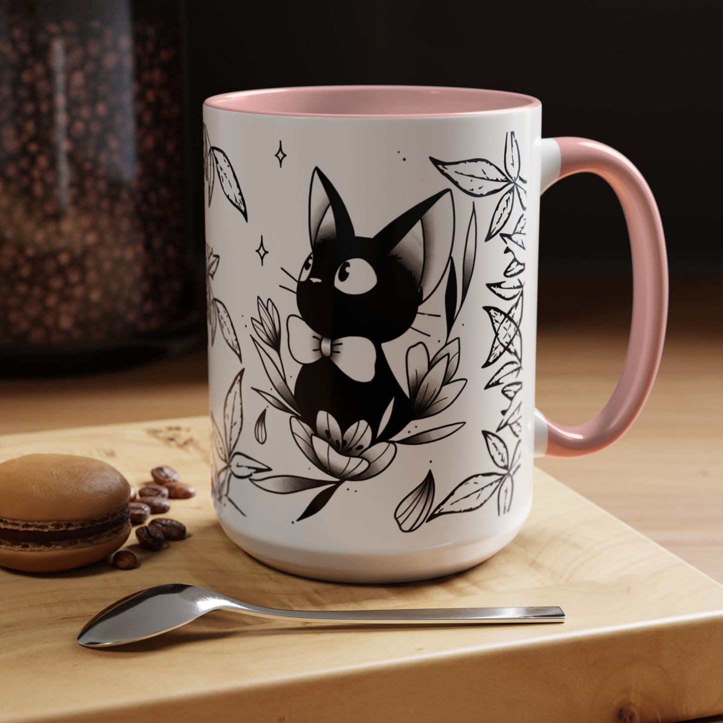 Jiji Cat Studio Ghibli Mug – 11oz & 15oz Accent Handle Coffee Cup – Cute Kiki’s Delivery Service Gift