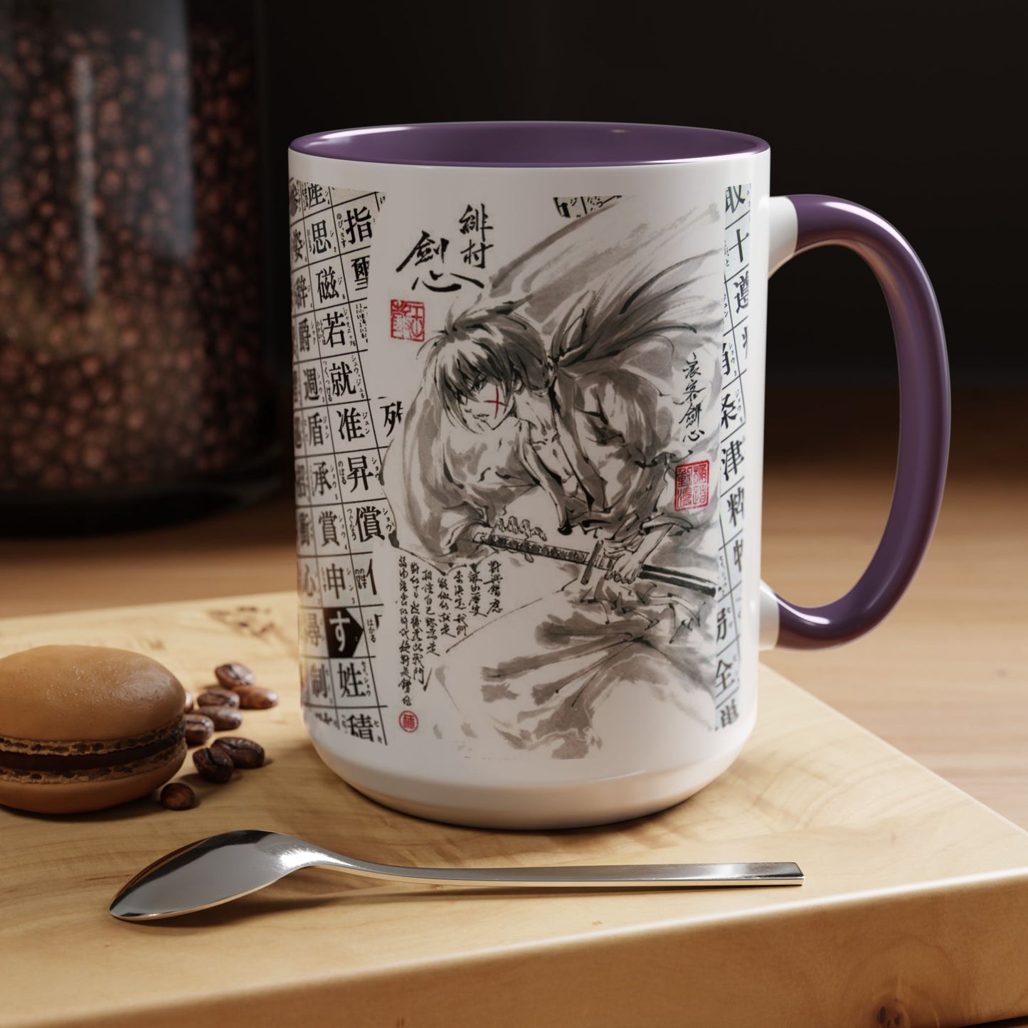 Rurouni Kenshin Kanji Accent Mug – Samurai Anime Color Handle Cup 11oz & 15oz – Japanese Sword Art Gift