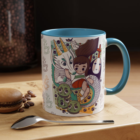 Spirited Away Accent Mug – Color Handle Anime Cup 11oz & 15oz – Studio Ghibli Coffee Mug Featuring Chihiro & No Face
