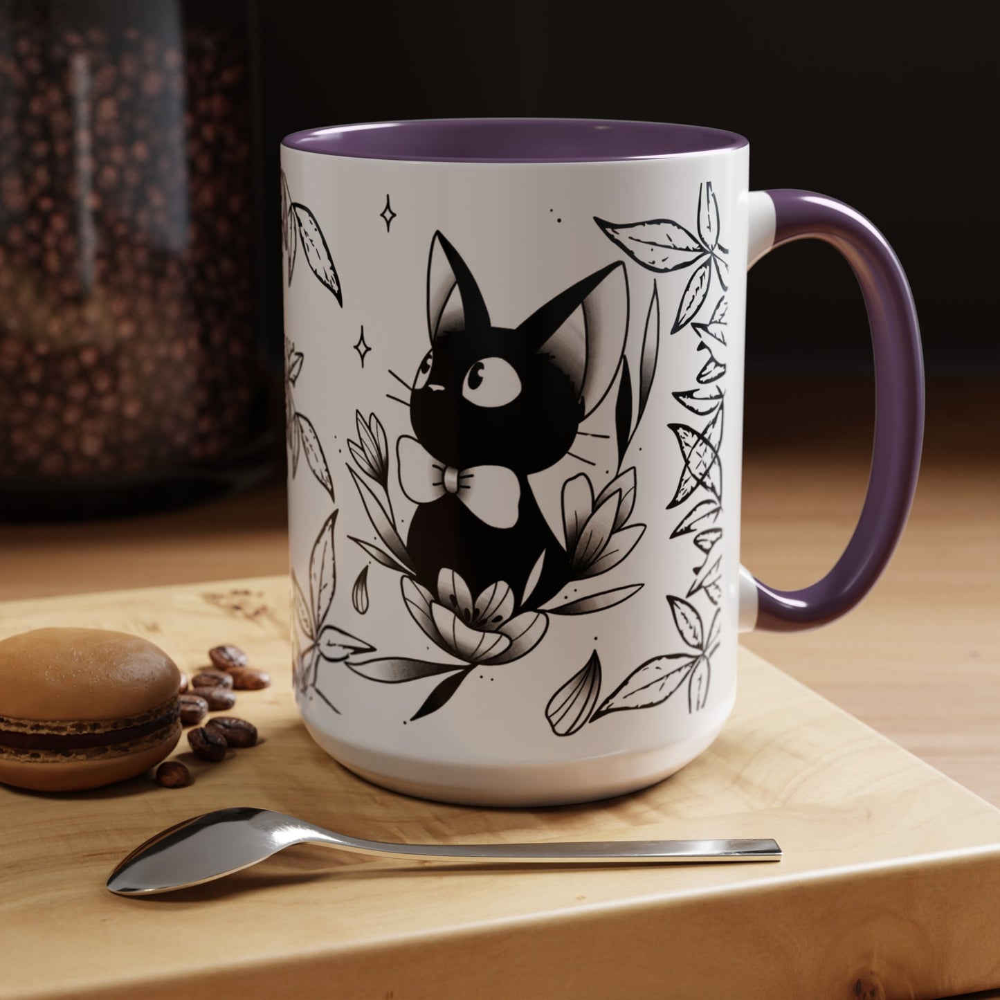Jiji Cat Studio Ghibli Mug – 11oz & 15oz Accent Handle Coffee Cup – Cute Kiki’s Delivery Service Gift