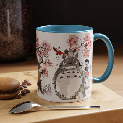 Totoro Sakura Forest Accent Mug – Color Handle Anime Cup 11oz & 15oz – Studio Ghibli Aesthetic Gift