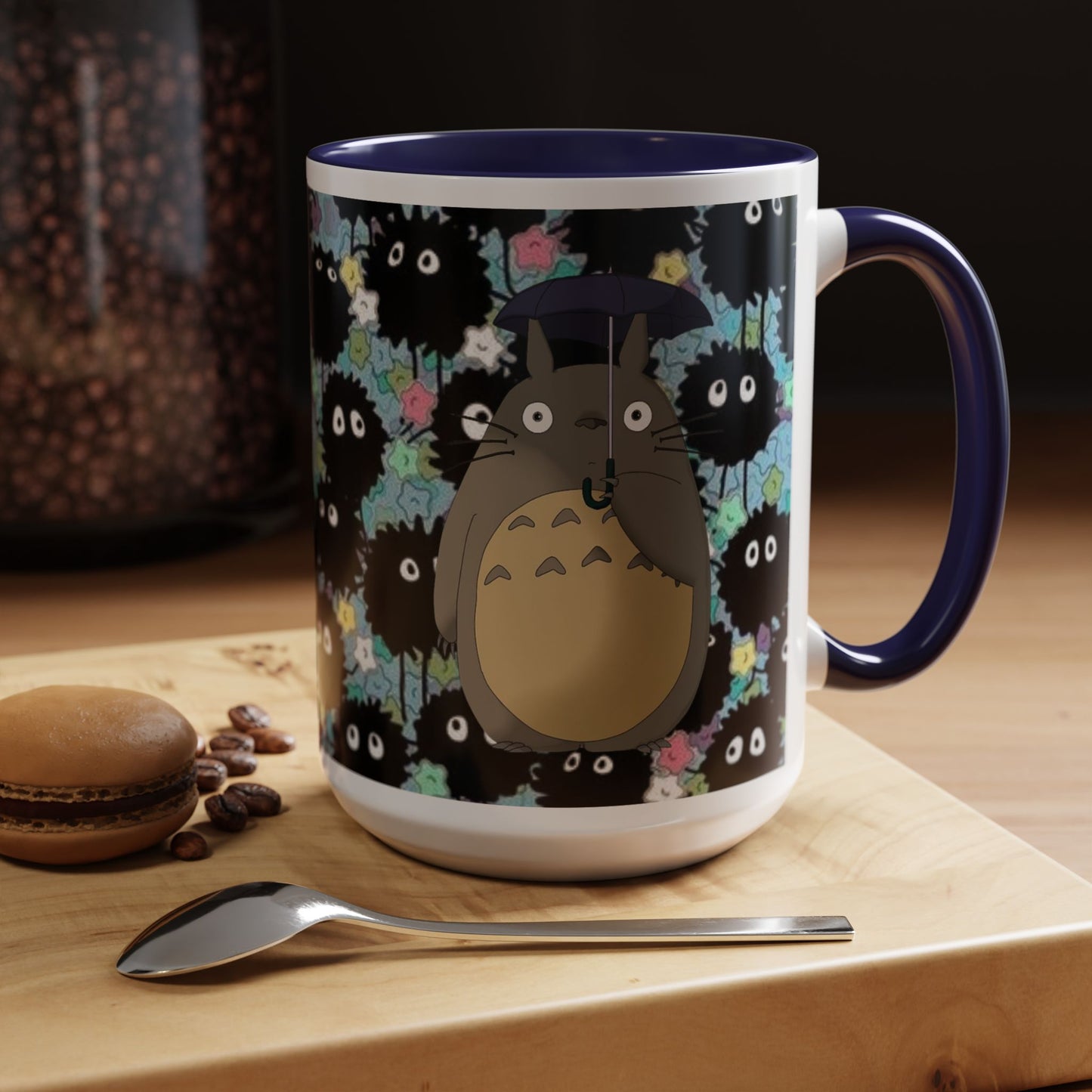 Totoro & Soot Sprites Accent Mug – Studio Ghibli Color Handle Cup – 11oz & 15oz Ceramic Anime Gift