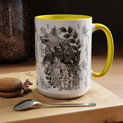 Princess Mononoke Black and White Accent Mug – Studio Ghibli Coffee Cup with Colored Handle – 11oz & 15oz Ceramic Anime Gift