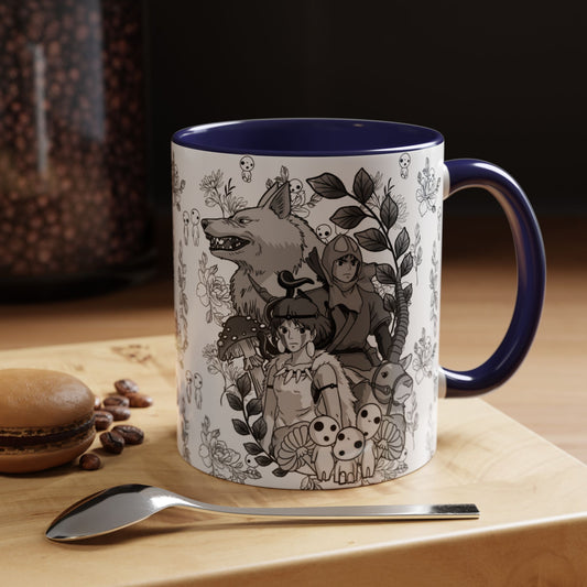 Princess Mononoke Black and White Accent Mug – Studio Ghibli Coffee Cup with Colored Handle – 11oz & 15oz Ceramic Anime Gift