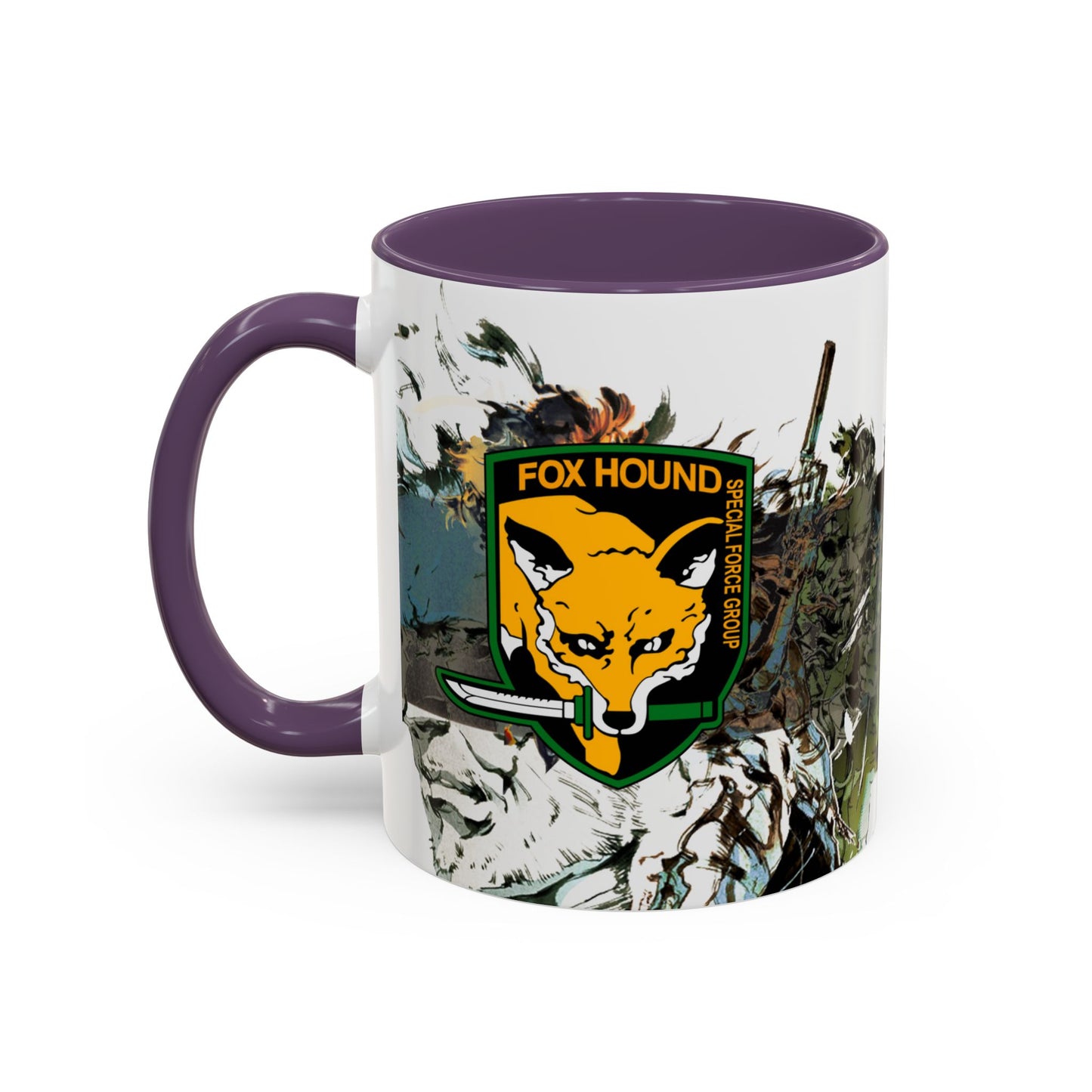 Metal Gear Fox Hound Accent Mug – 11oz & 15oz Colored Handle Coffee Cup – Tactical Gamer Gift for Fans