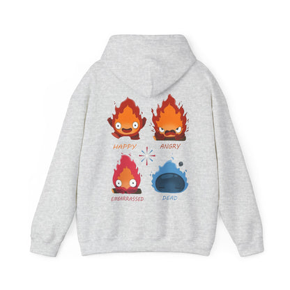 Funny Calcifer Faces Back Print Hoodie – 100% Cotton Anime Pullover | Howl’s Moving Castle Ghibli Style