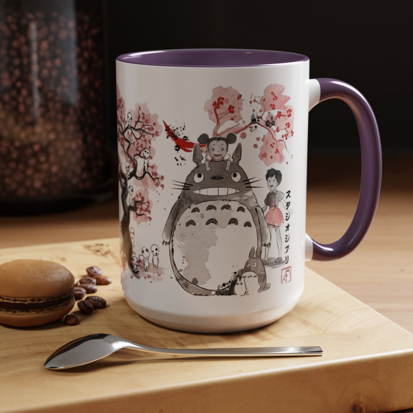 Totoro Sakura Forest Accent Mug – Color Handle Anime Cup 11oz & 15oz – Studio Ghibli Aesthetic Gift