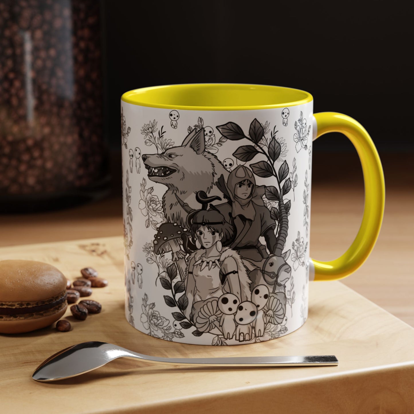 Princess Mononoke Black and White Accent Mug – Studio Ghibli Coffee Cup with Colored Handle – 11oz & 15oz Ceramic Anime Gift