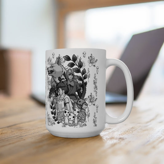 Princess Mononoke Black and White Mug – Studio Ghibli Ceramic Coffee Cup – 11oz & 15oz Anime Gift for Ghibli Fans