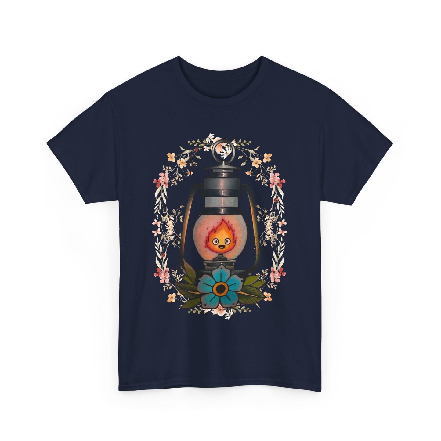 Calcifer Lamp Flowers T-Shirt – 100% Cotton Howl’s Moving Castle Inspired Tee for Anime Fans