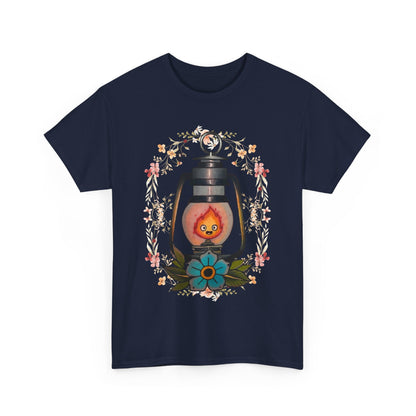 Calcifer Lamp Flowers T-Shirt – 100% Cotton Howl’s Moving Castle Inspired Tee for Anime Fans