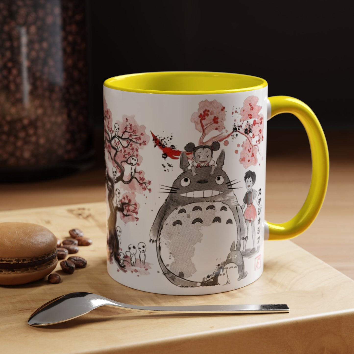 Totoro Sakura Forest Accent Mug – Color Handle Anime Cup 11oz & 15oz – Studio Ghibli Aesthetic Gift