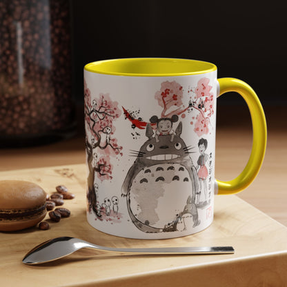 Totoro Sakura Forest Accent Mug – Color Handle Anime Cup 11oz & 15oz – Studio Ghibli Aesthetic Gift