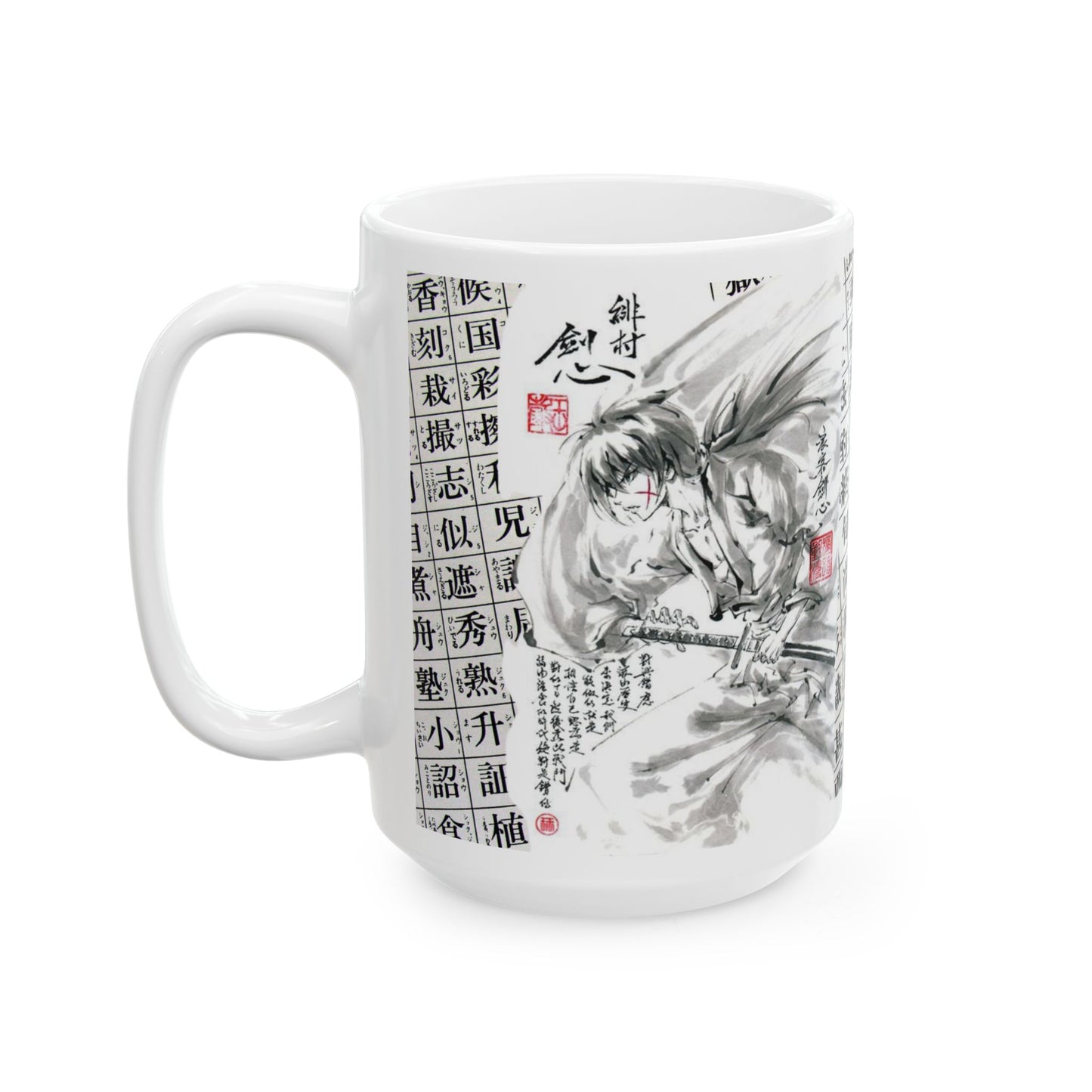 Rurouni Kenshin Kanji Mug – Samurai Anime Ceramic Cup 11oz & 15oz – Japanese Calligraphy Coffee Gift