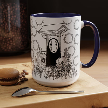 No Face Flowers Accent Mug – Studio Ghibli Inspired Coffee Cup – 11oz & 15oz Ceramic Anime Gift