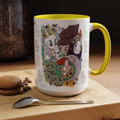 Spirited Away Accent Mug – Color Handle Anime Cup 11oz & 15oz – Studio Ghibli Coffee Mug Featuring Chihiro & No Face