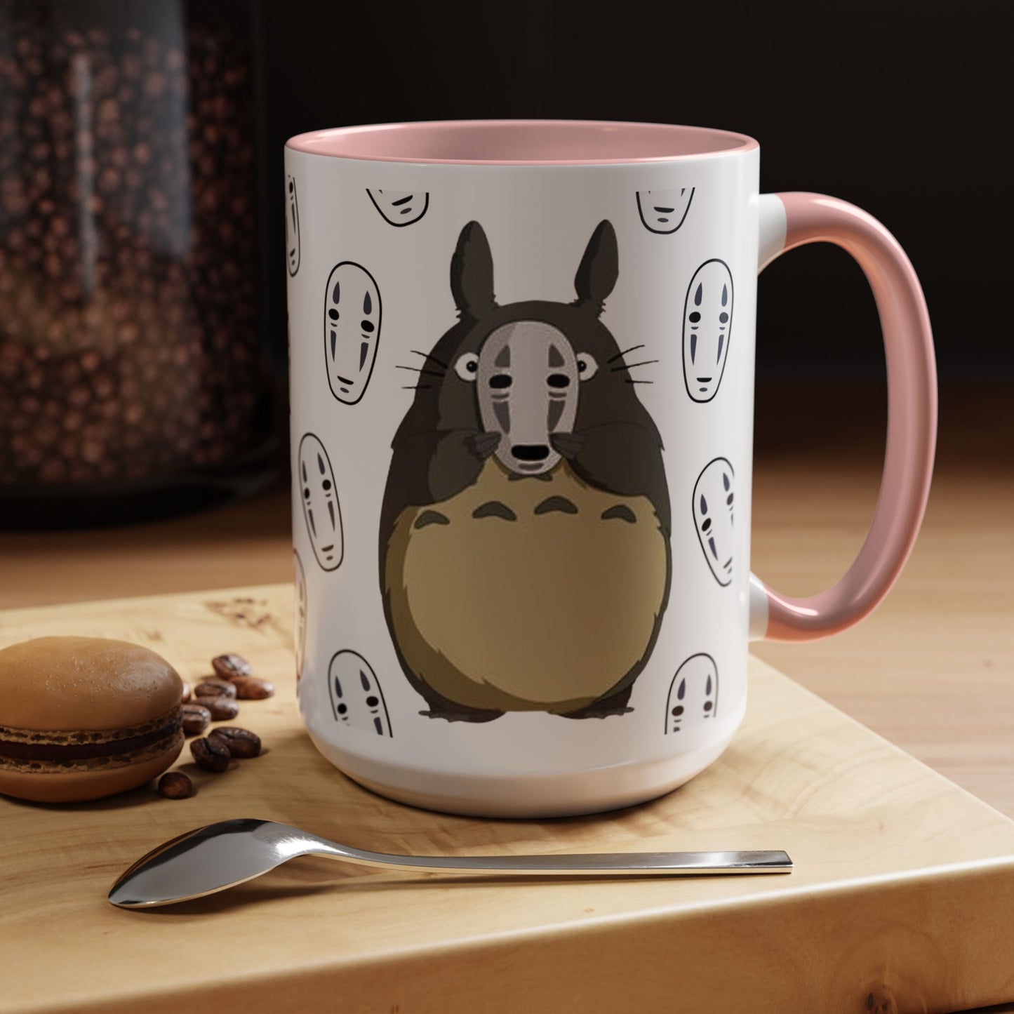 Totoro No Face Mask Accent Mug – Studio Ghibli Color Handle Cup 11oz & 15oz – Cute Anime Crossover Coffee Gift