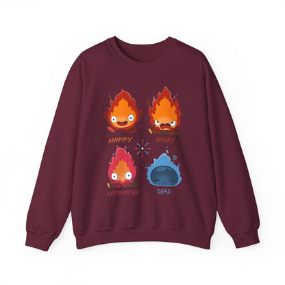 Calcifer Funny Faces Sweatshirt – 100% Cotton Howl’s Moving Castle Pullover for Studio Ghibli Fans