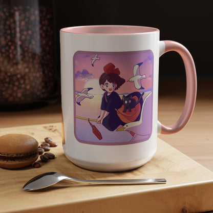 Jiji Funny Accent Mug – Kiki’s Delivery Service Color Handle Cup 11oz & 15oz – Cute Ghibli Cat Anime Gift