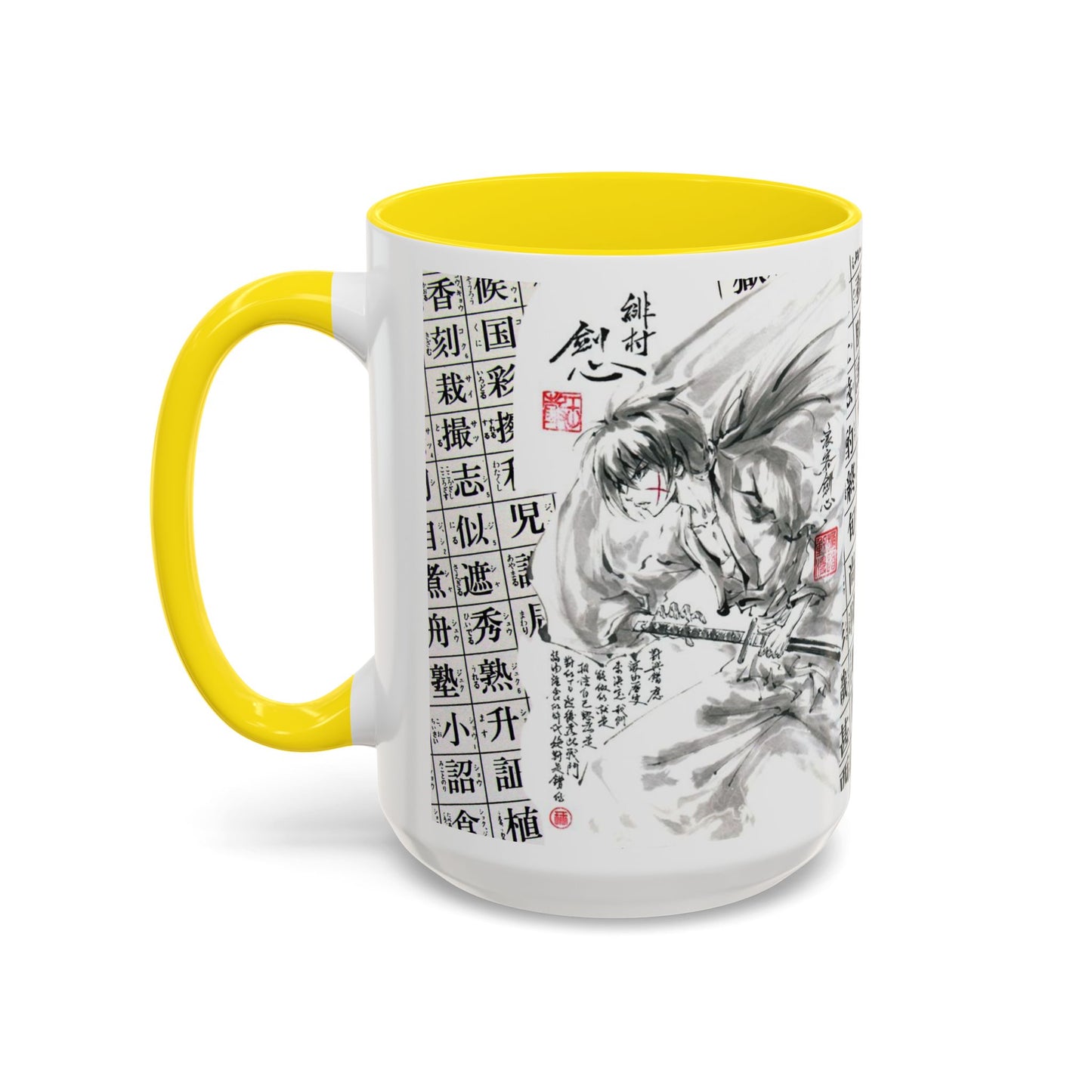 Rurouni Kenshin Kanji Accent Mug – Samurai Anime Color Handle Cup 11oz & 15oz – Japanese Sword Art Gift