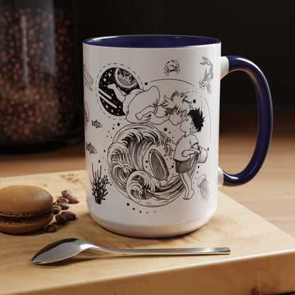 Ponyo World Sea Accent Mug – Studio Ghibli Color Handle Cup 11oz & 15oz – Ocean Anime Coffee Gift