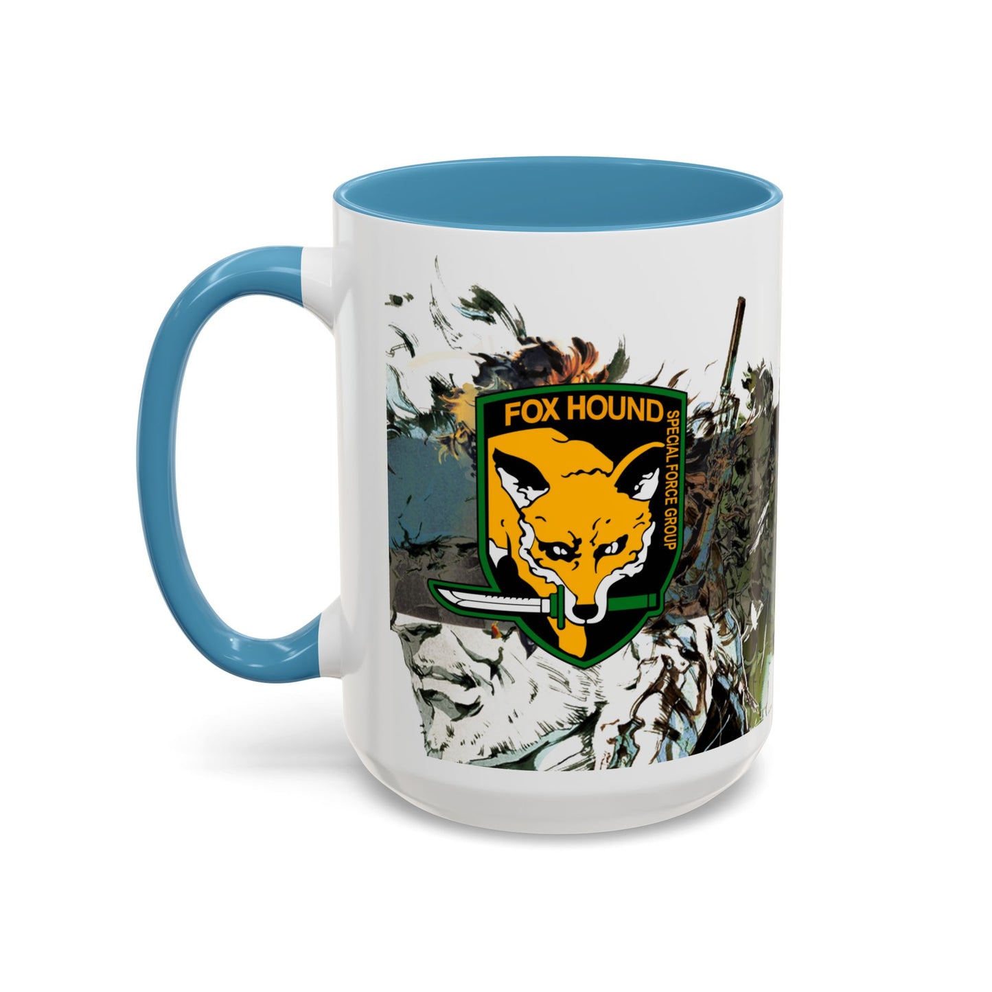 Metal Gear Fox Hound Accent Mug – 11oz & 15oz Colored Handle Coffee Cup – Tactical Gamer Gift for Fans