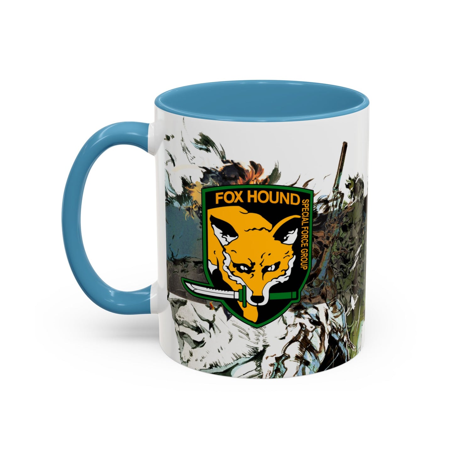 Metal Gear Fox Hound Accent Mug – 11oz & 15oz Colored Handle Coffee Cup – Tactical Gamer Gift for Fans