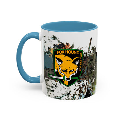 Metal Gear Fox Hound Accent Mug – 11oz & 15oz Colored Handle Coffee Cup – Tactical Gamer Gift for Fans