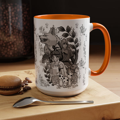 Princess Mononoke Black and White Accent Mug – Studio Ghibli Coffee Cup with Colored Handle – 11oz & 15oz Ceramic Anime Gift