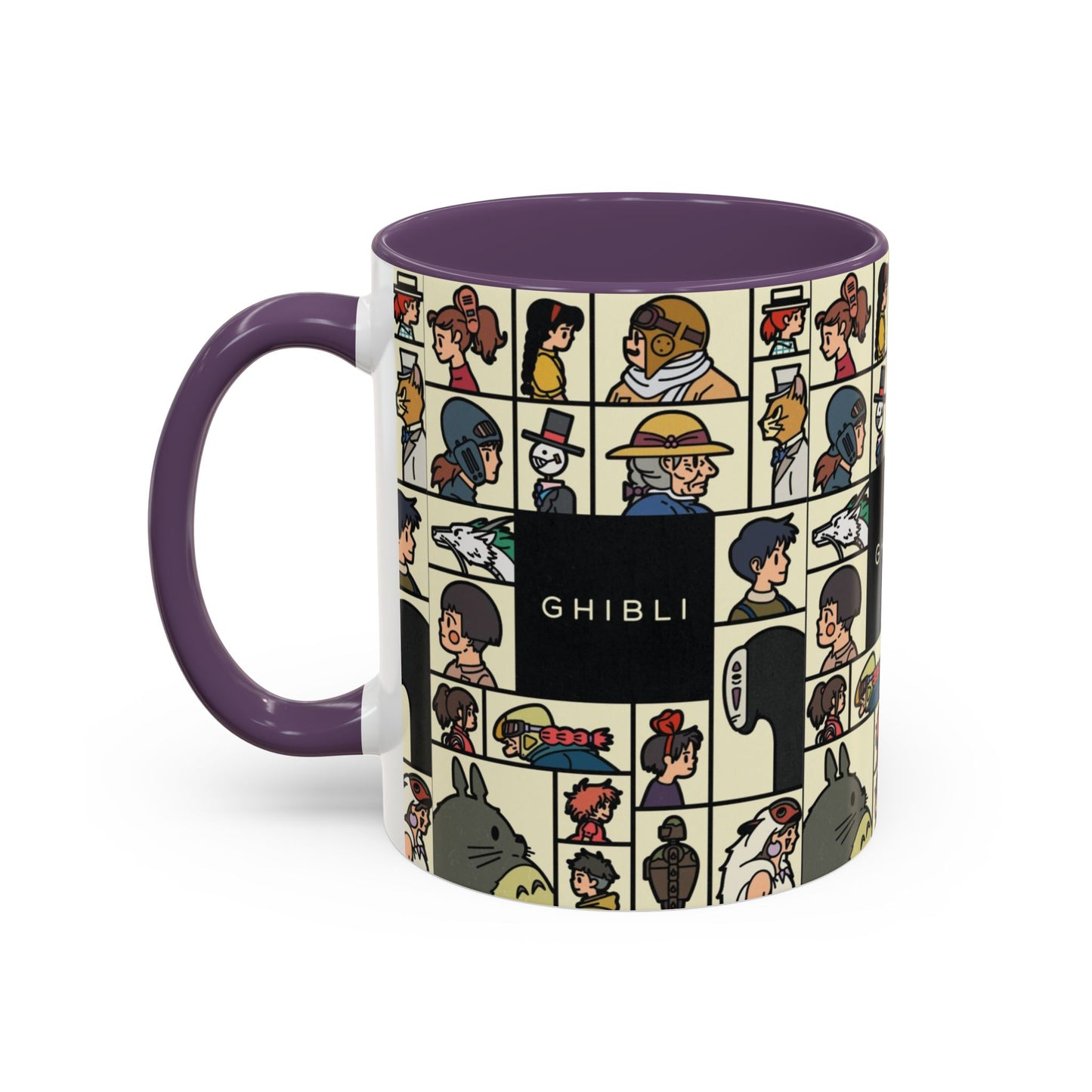 Studio Ghibli Characters Sketch Accent Mug – 11oz & 15oz Anime Coffee Cup with Color Handle