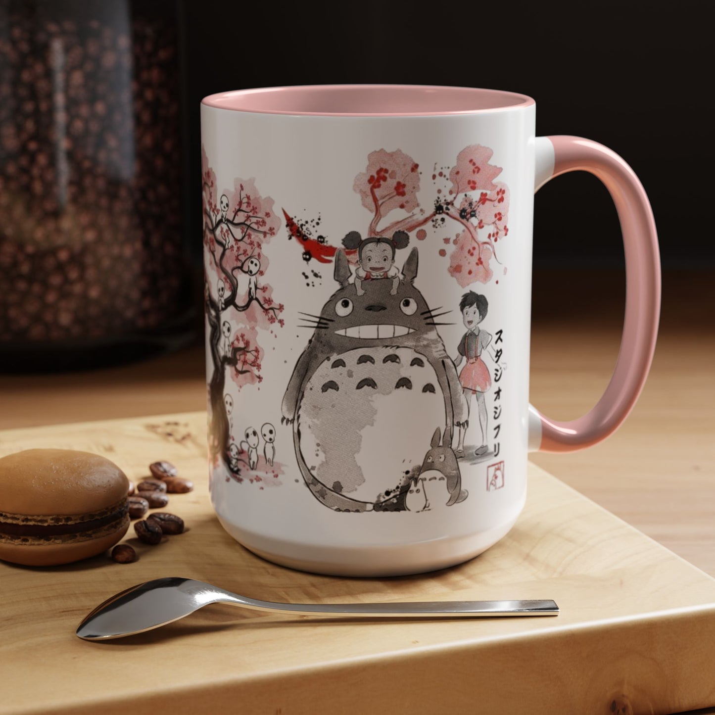 Totoro Sakura Forest Accent Mug – Color Handle Anime Cup 11oz & 15oz – Studio Ghibli Aesthetic Gift