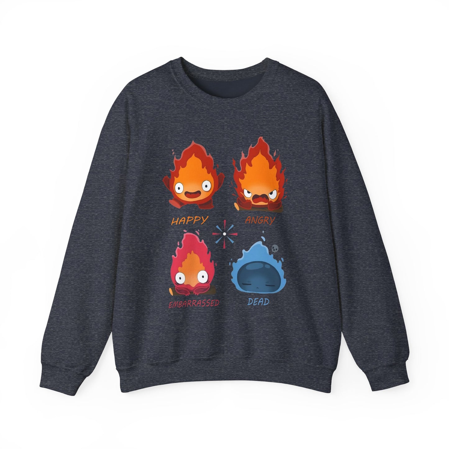 Calcifer Funny Faces Sweatshirt – 100% Cotton Howl’s Moving Castle Pullover for Studio Ghibli Fans