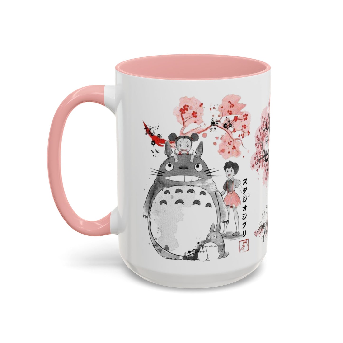 Totoro Sakura Forest Accent Mug – Color Handle Anime Cup 11oz & 15oz – Studio Ghibli Aesthetic Gift