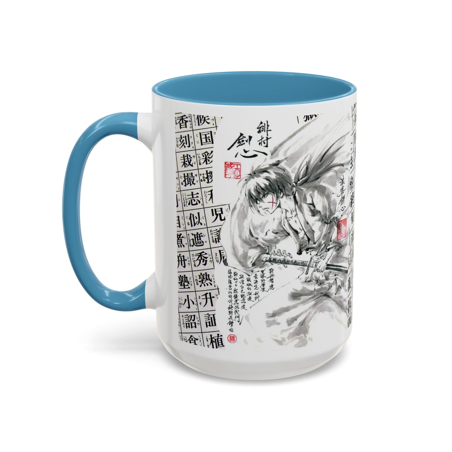 Rurouni Kenshin Kanji Accent Mug – Samurai Anime Color Handle Cup 11oz & 15oz – Japanese Sword Art Gift